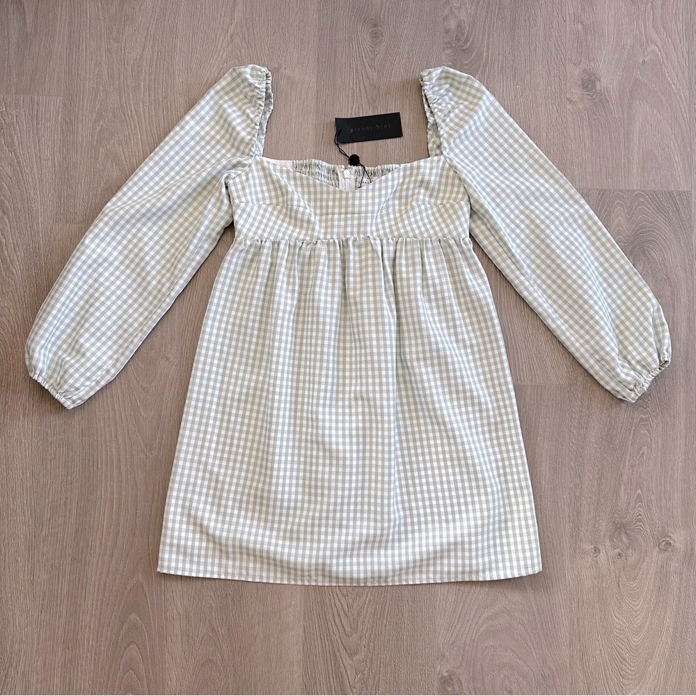 🆕 Ivory & Moss Gingham Long Sleeve Sweetheart Neck Babydoll Dress - Picture 2 of 11